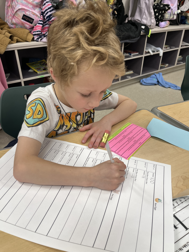 A child works on an egg-hunt themed math activity about place values.
