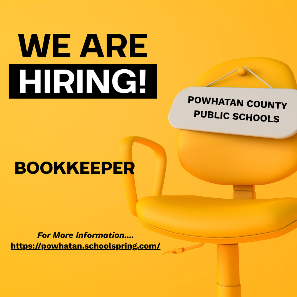 Photo of a yellow chair. Text: Powhatan County Public Schools. We are hiring! BOOKKEEPER For More Information.... https://powhatan.schoolspring.com/