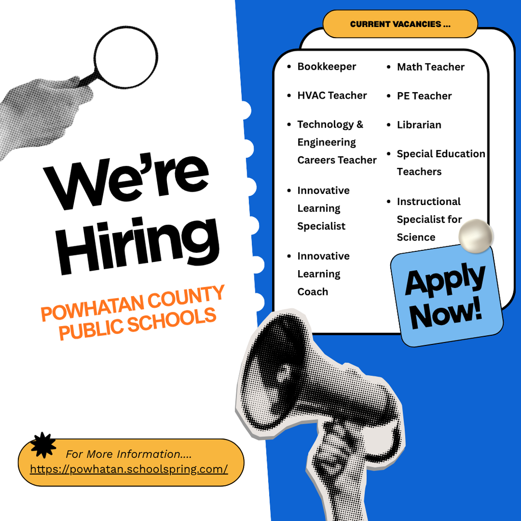Hiring pamphlet sharing what positions PCPS is hiring for. Visit the division homepage and click on Careers to apply. 