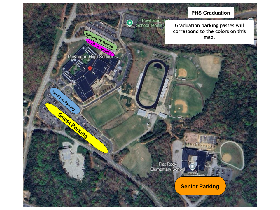 Photo parking map of Powhatan High School for graduation. sections marked for different assigned parking areas. Graduation parking passes will correspond to the colors on the map. 