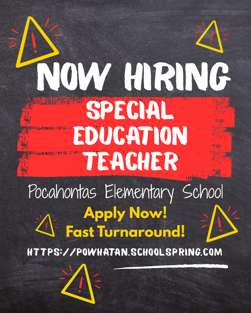Powhatan County Public Schools is now hiring a Special Education Teacher at Pocahontas Elementary School. Apply Now! Fast Turnaround! https://powhatan.schoolspring.com