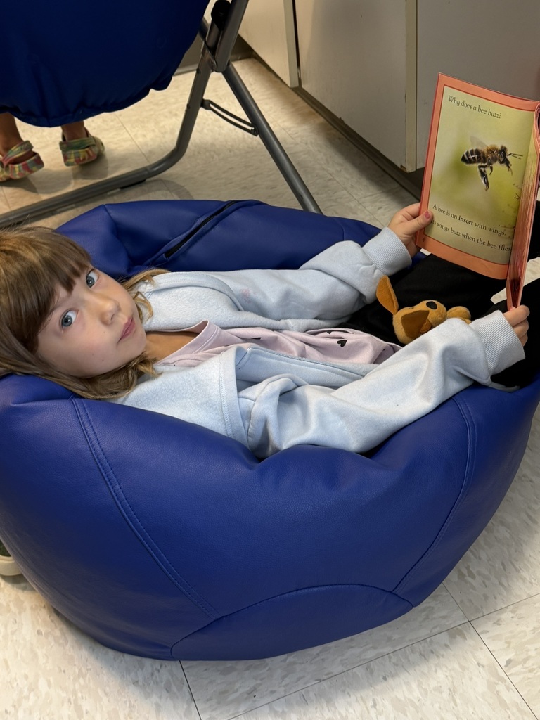 A first grader on the first day of school participates in a read to self activity.