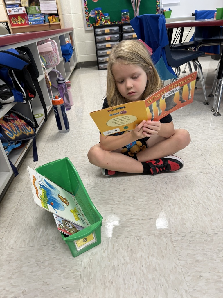 A first grader on the first day of school participates in a read to self activity.