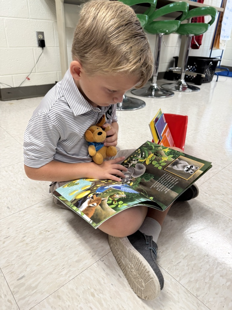 A first grader on the first day of school participates in a read to self activity.