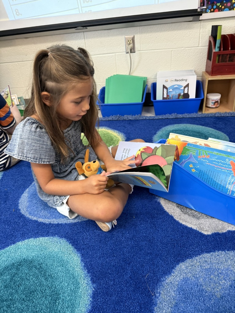 A first grader on the first day of school participates in a read to self activity.