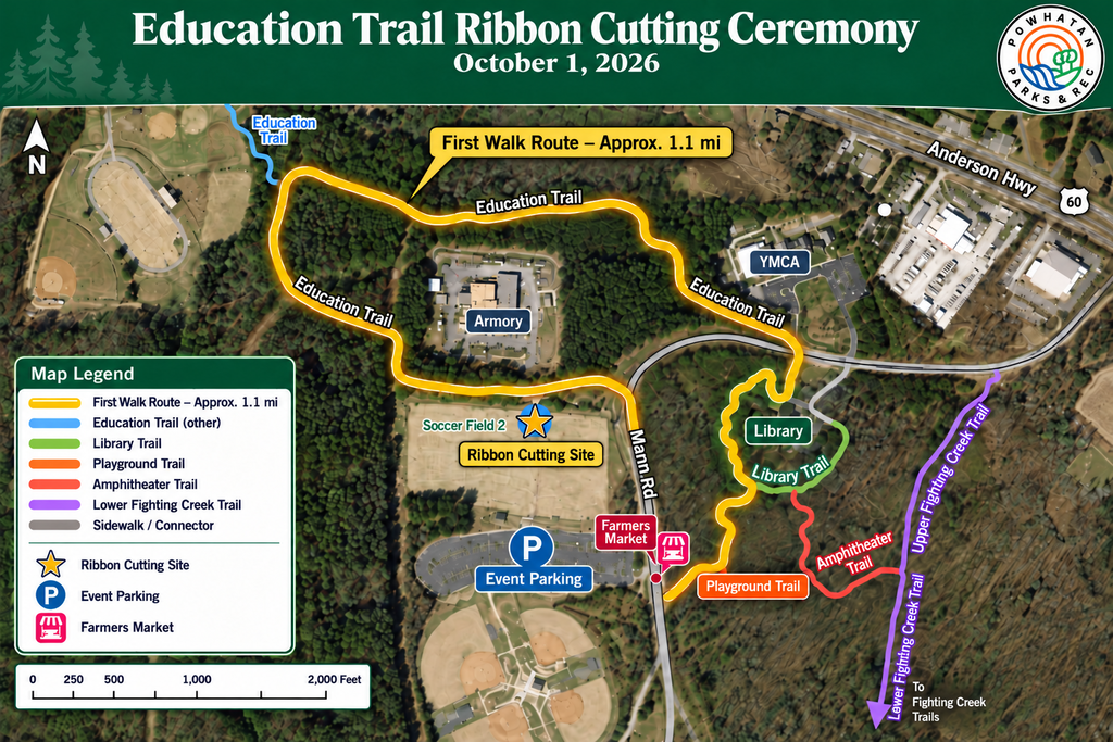 Map showing the Fighting Creek Trail System and accompanying legend and key. Parks and recreation logo. Text: Education Trail Ribbon Cutting Ceremony. October 1, 2026. 