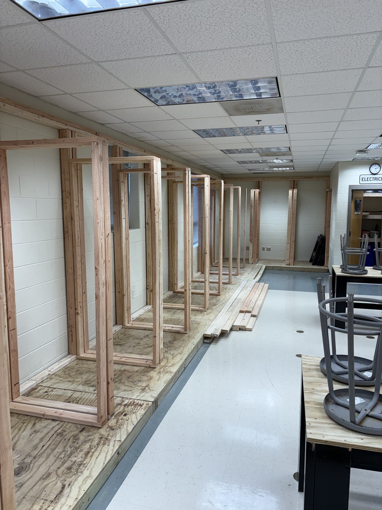 Electricity booths being built in a classroom.