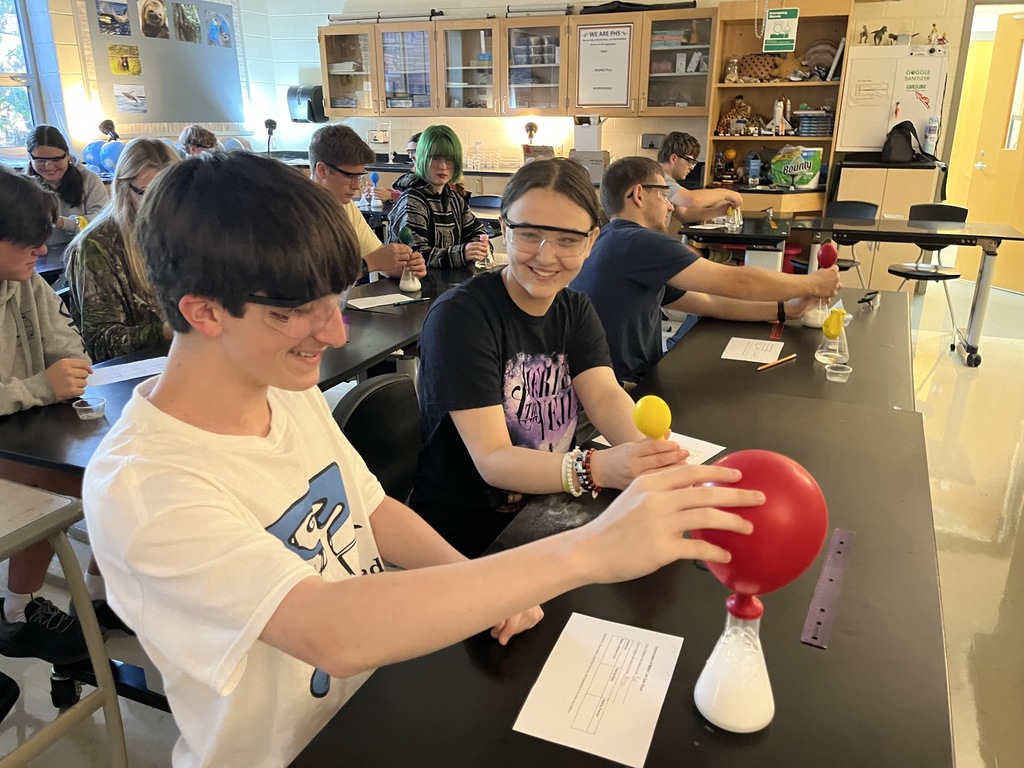 Students conduct an experiment where they combine baking soda and vinegar in a closed system, capture the carbon dioxide gas produced by the reaction in an attached balloon, and measure and record the balloons’ dimensions. 