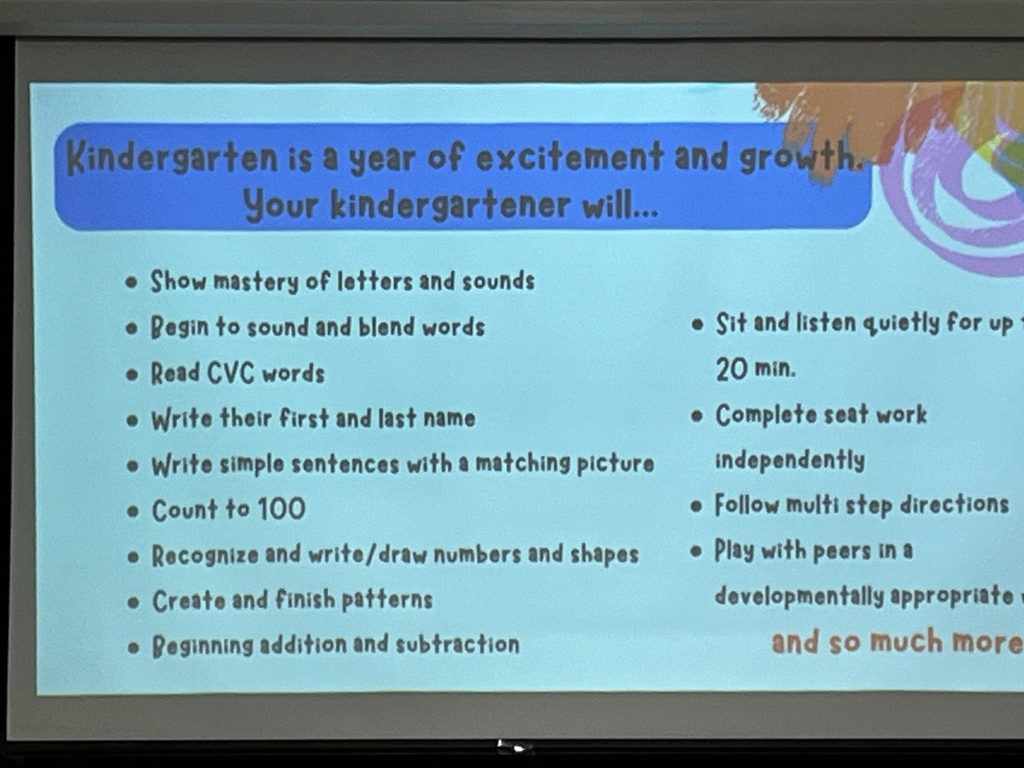 A slide about what kindergartners will experience in school.