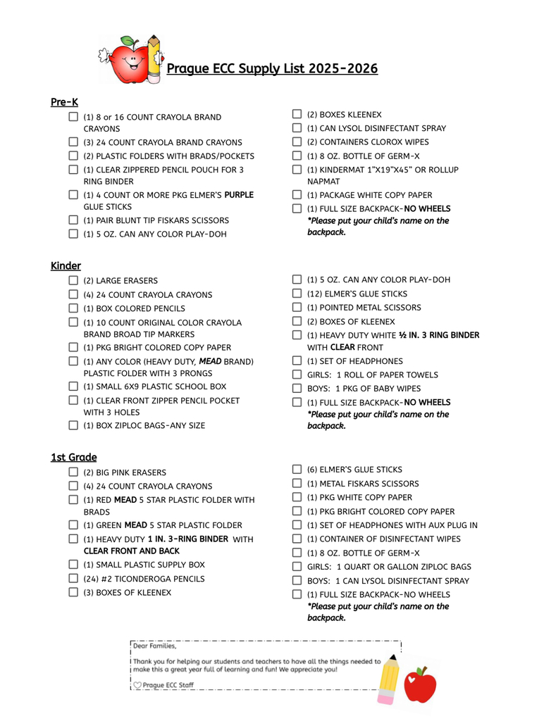 ECC School Supply List 2025-2026