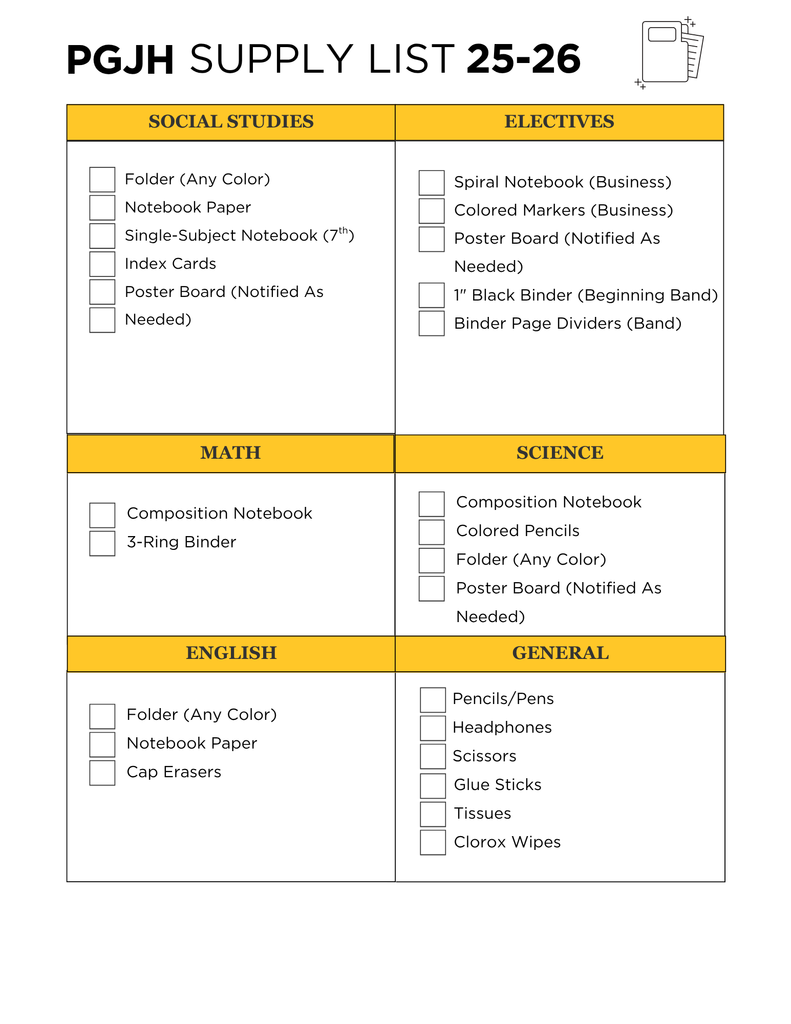 JH Supply List