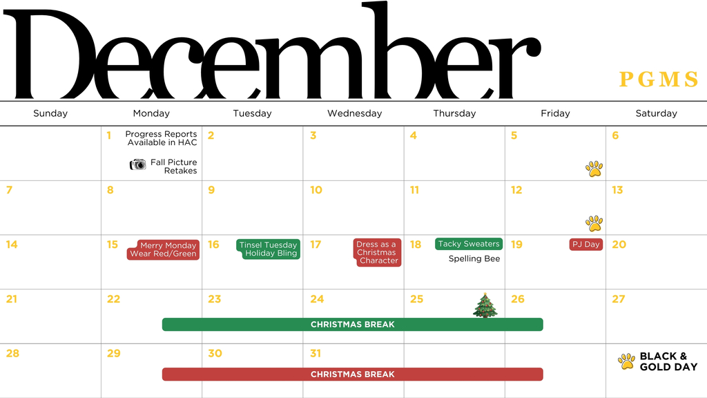 Middle School December Calendar