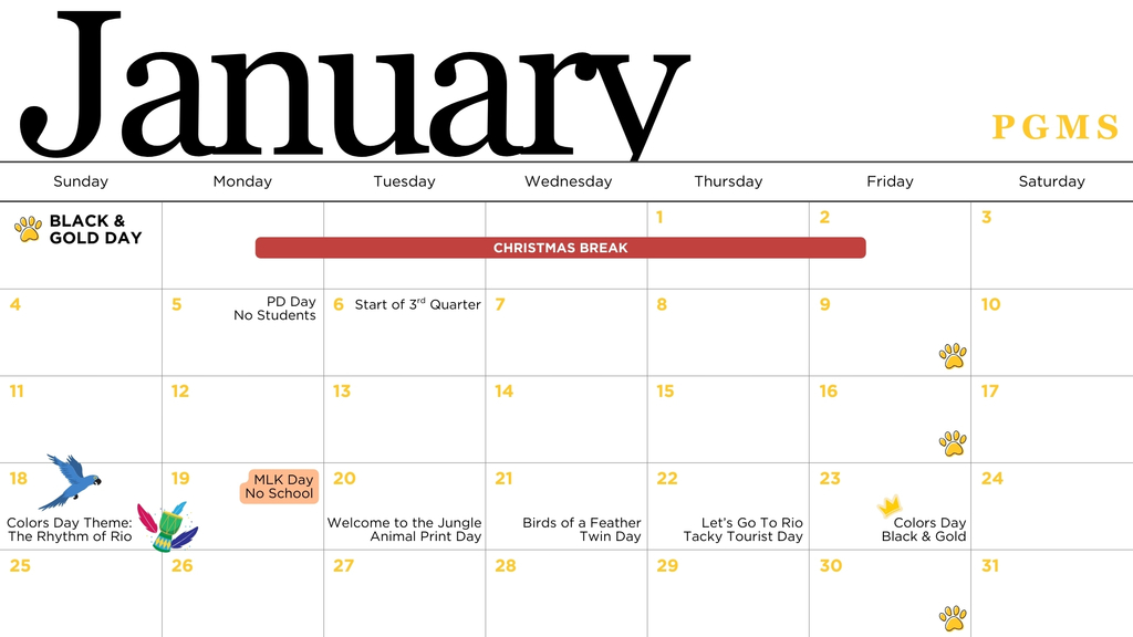 Middle School January Calenar