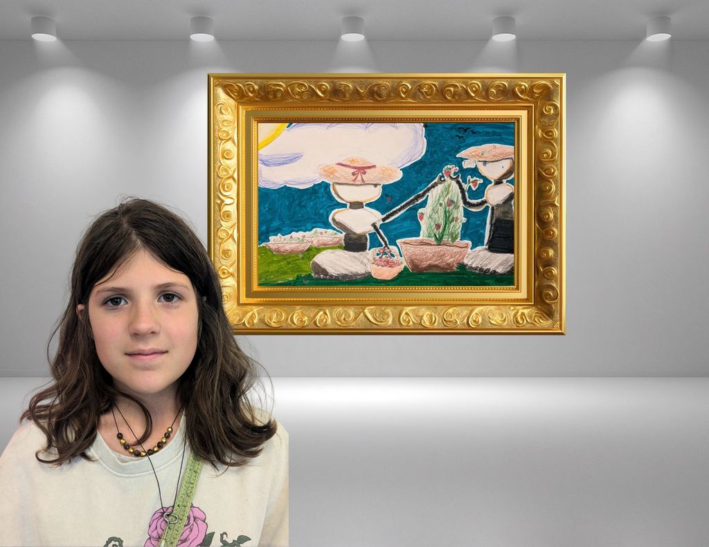 Student Hendrix, standing in front of their artwork in a large frame showing an outdoor scene of two people picking strawberries