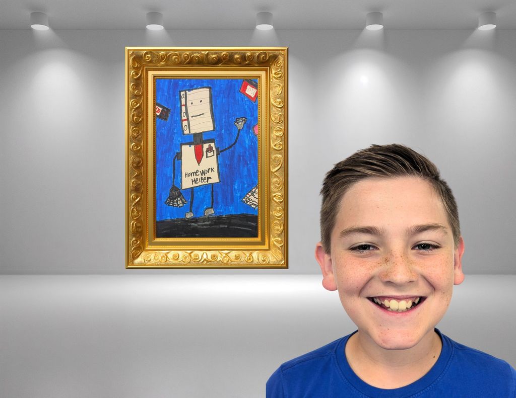 Student Sullivan standing in front of his artwork of a robot that is a homework helper