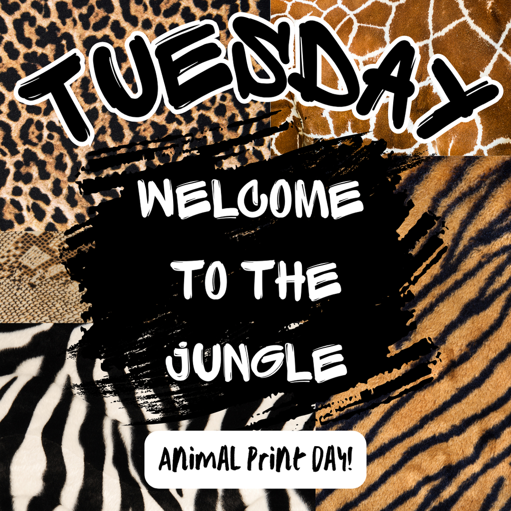Animal print graphic with the title "Welcome to the Jungle". The dress up day on tuesday will be animal print.