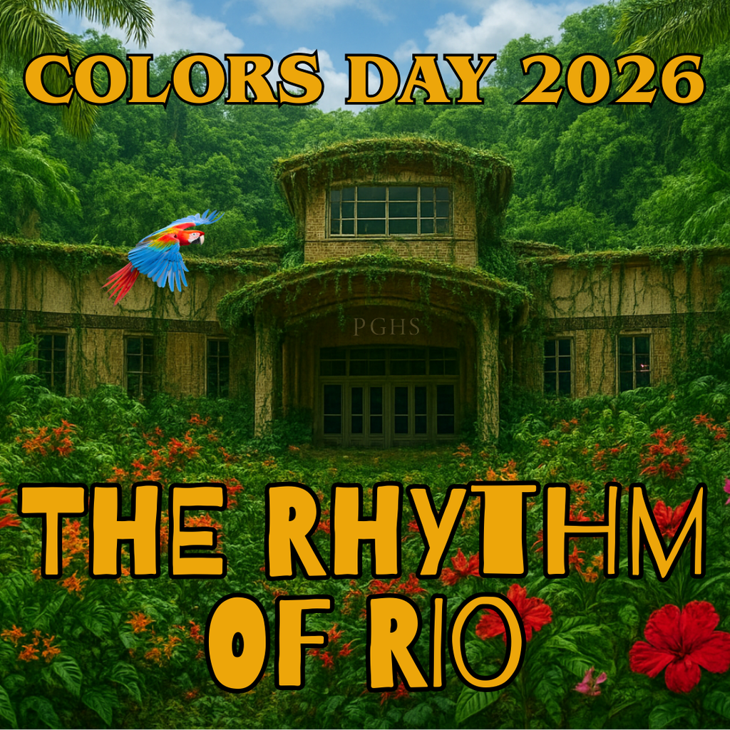 Colors day theme graphic with the title The Rhythm of Rio in front of a jungle scene