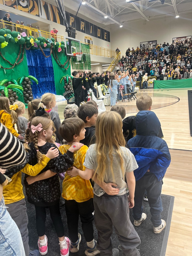 Elementary students with their arms around one another looking out to the high school colors day court