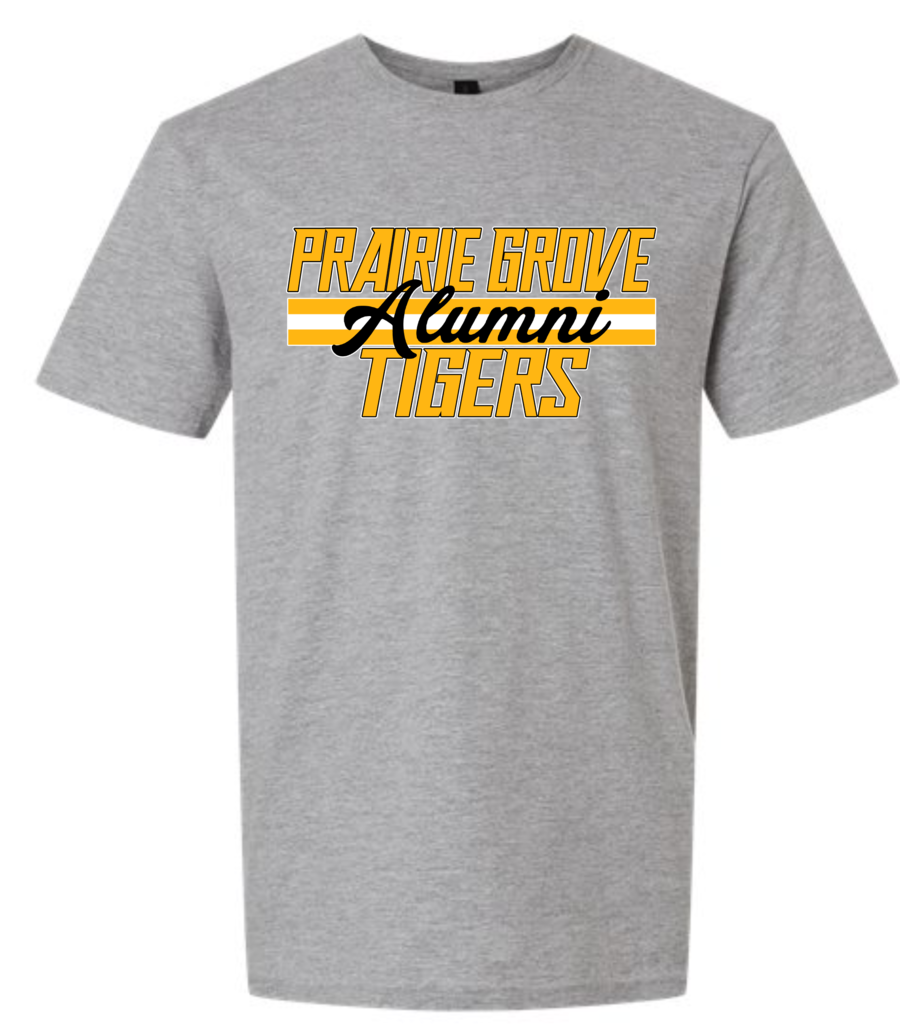 grey tshirt with yellow lettering saying prairie grove tigers alumni