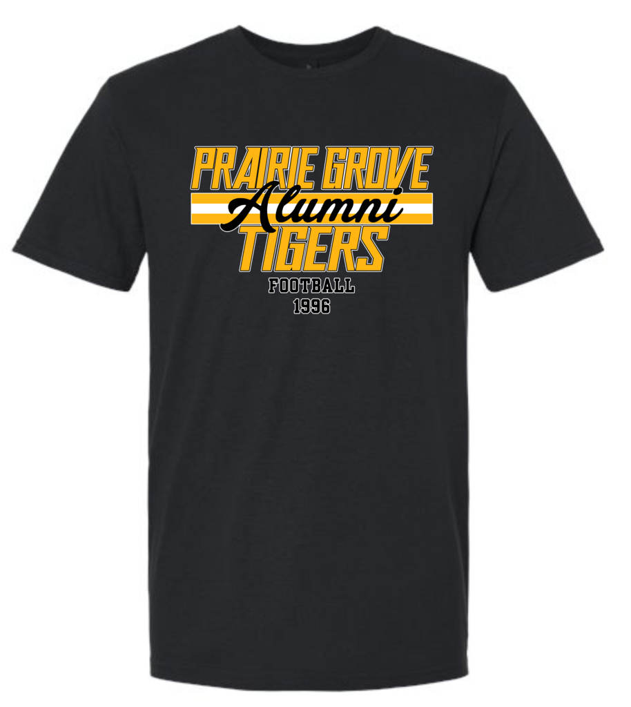 black tshirt with yellow lettering saying prairie grove tigers alumni football 1996
