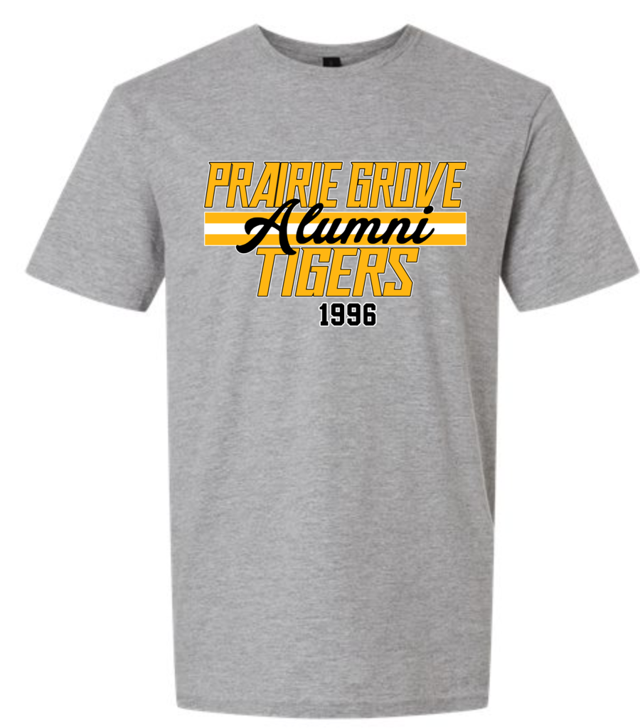 grey tshirt with yellow lettering saying prairie grove tigers alumni 1996