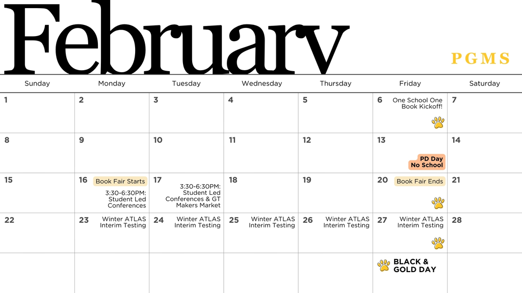 Middle School February Calendar