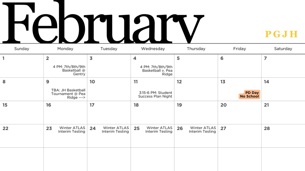 Junior High February Calendar