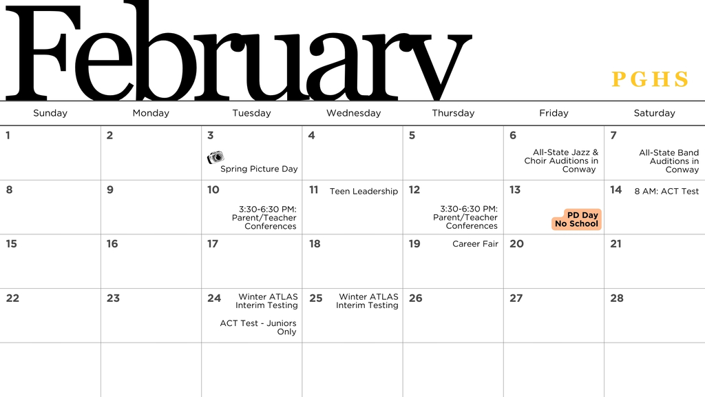 High school february calendar