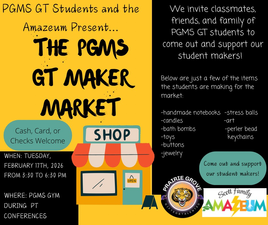 flyer for the 2026 GT makers market. Inviting community to come out and support on February 17 from 3:30-6:30 during parent teacher conferences