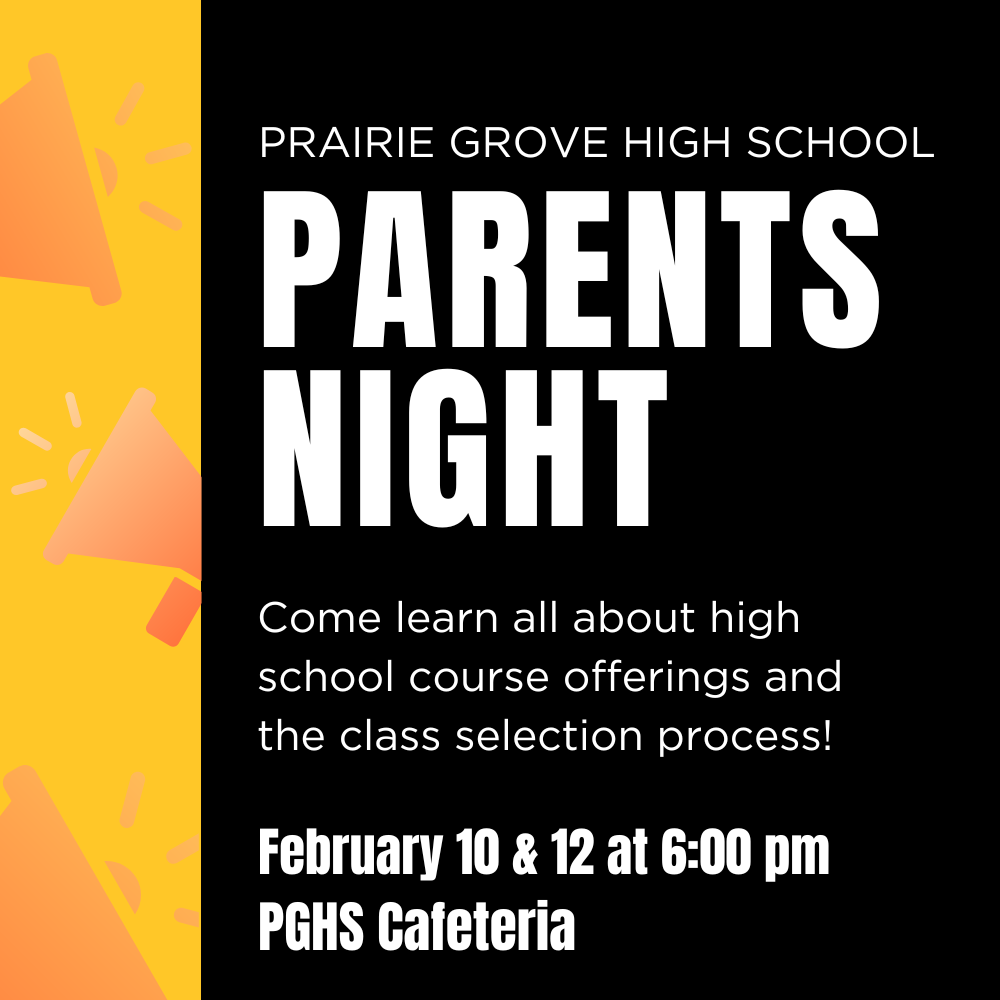Parent Night Event Announcement. The event will be on February 10 and 12 at 6pm in the high school cafeteria to learn about high school course offerings