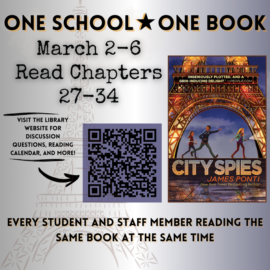 One School, One Book graphic. The week of March 2-6 read chapters 27 to 34