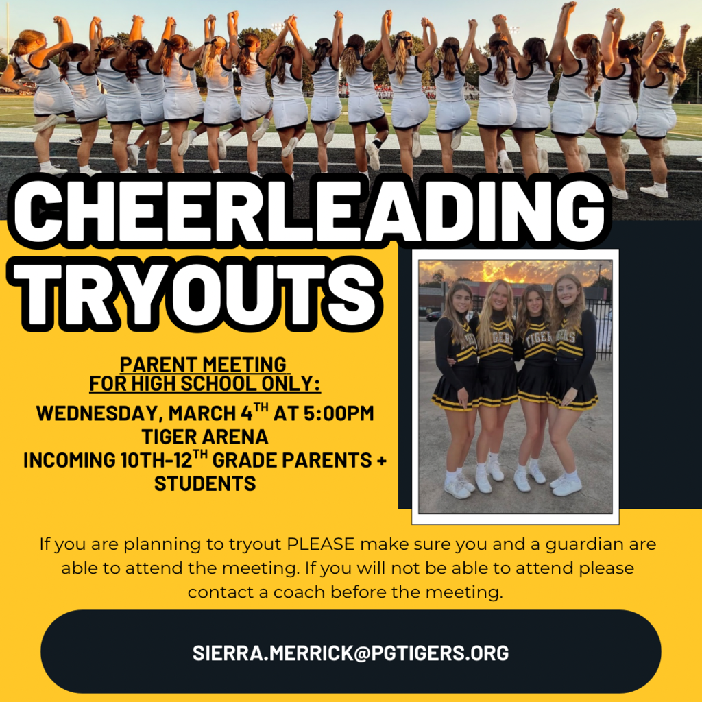 Cheer Tryouts for the high school team. There will be a parent meeting on March 4th at 5 pm.