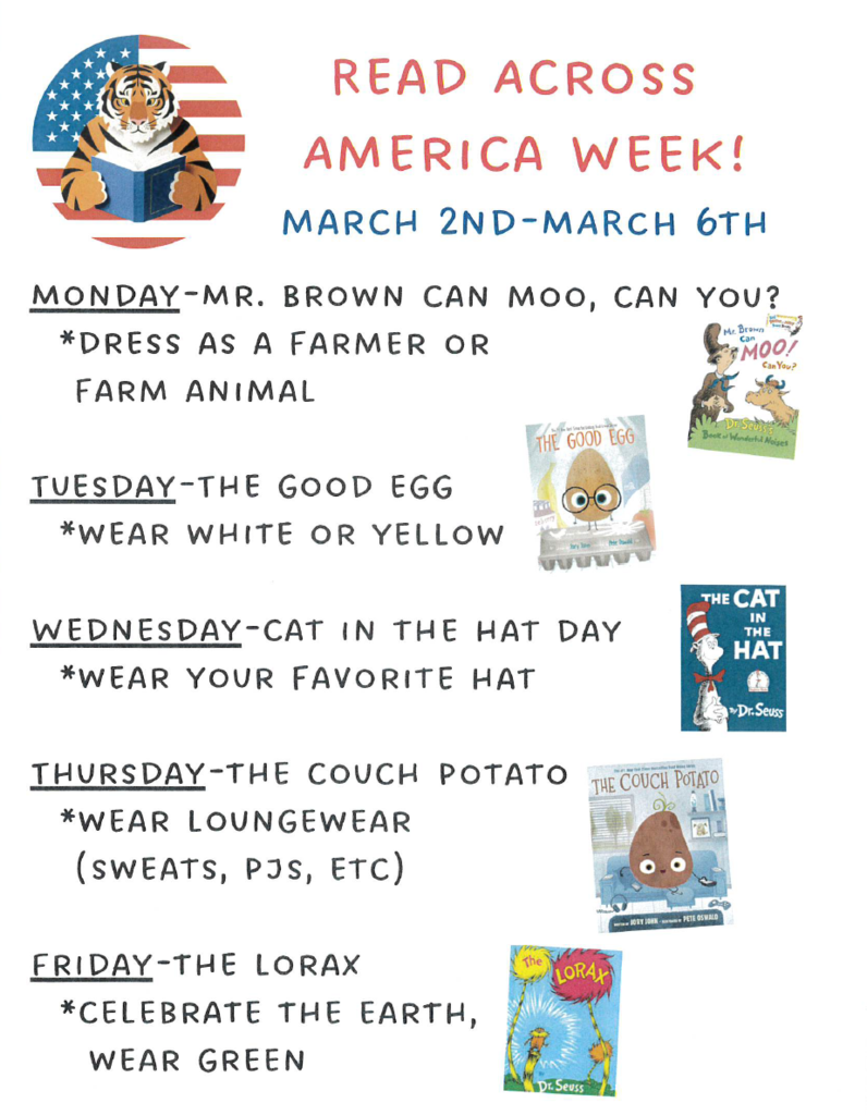 Read Across America Week dress up days for march 2 to 6