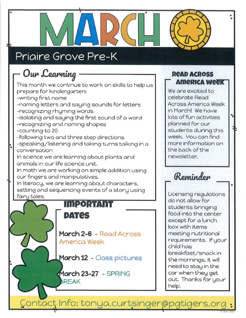 March preschool newsletter sharing the current learning and reminder that march 2-6 is read across america week