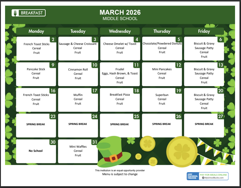 Middle School Breakfast Calendar