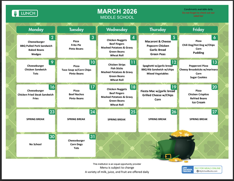 Middle School Lunch Calendar