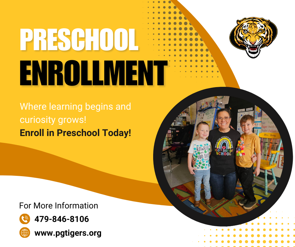 preschool enrollment is now open at pgtigers.org showing a photo of a preschool teacher smiling with two students