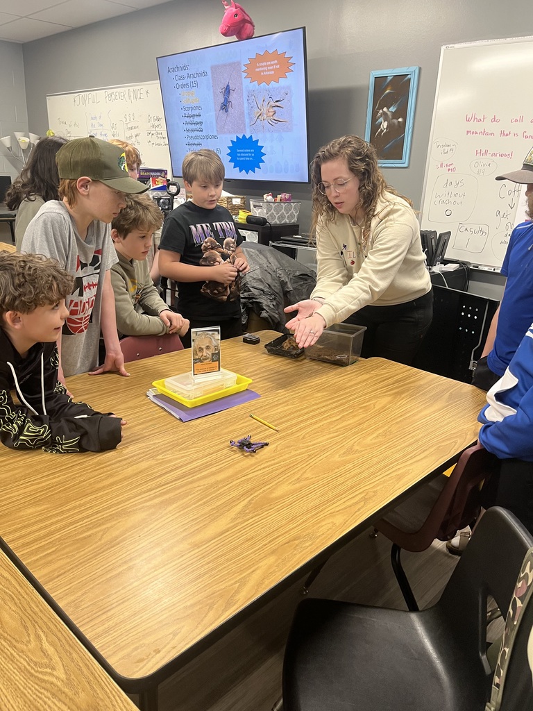 a female guest speaker showing middle school boys around a table live bugs on her hand