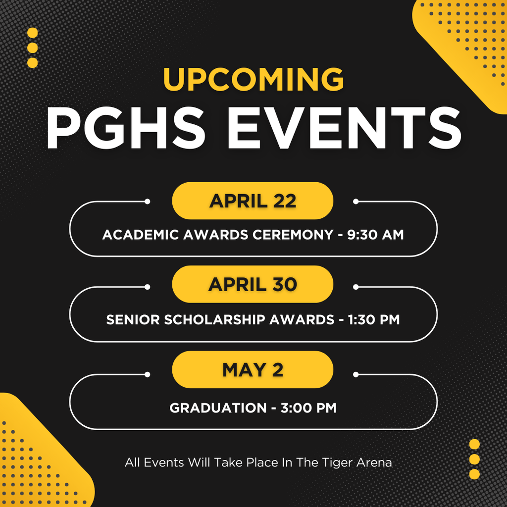 Upcoming Celebrations!   April 22 - Academic Awards Ceremony at 9:30 am April 30 - Senior Scholarship Awards Ceremony at 1:30 pm  May 2 - Graduation at 3:00 pm 