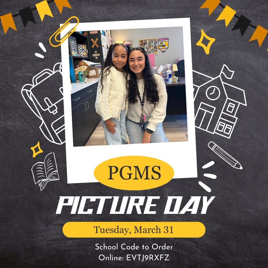 PGMS Picture Day is Tuesday, March 31. Picture of student and teacher with gray school background. 