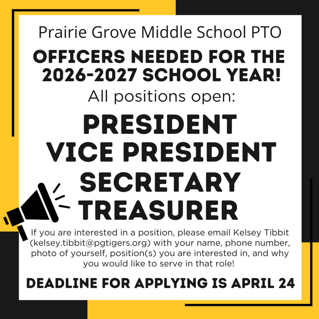 PTO Officers needed for the 2026/2027 school year. Please send an email to kelsey.tibbit@pgtigers.org if you are interested!