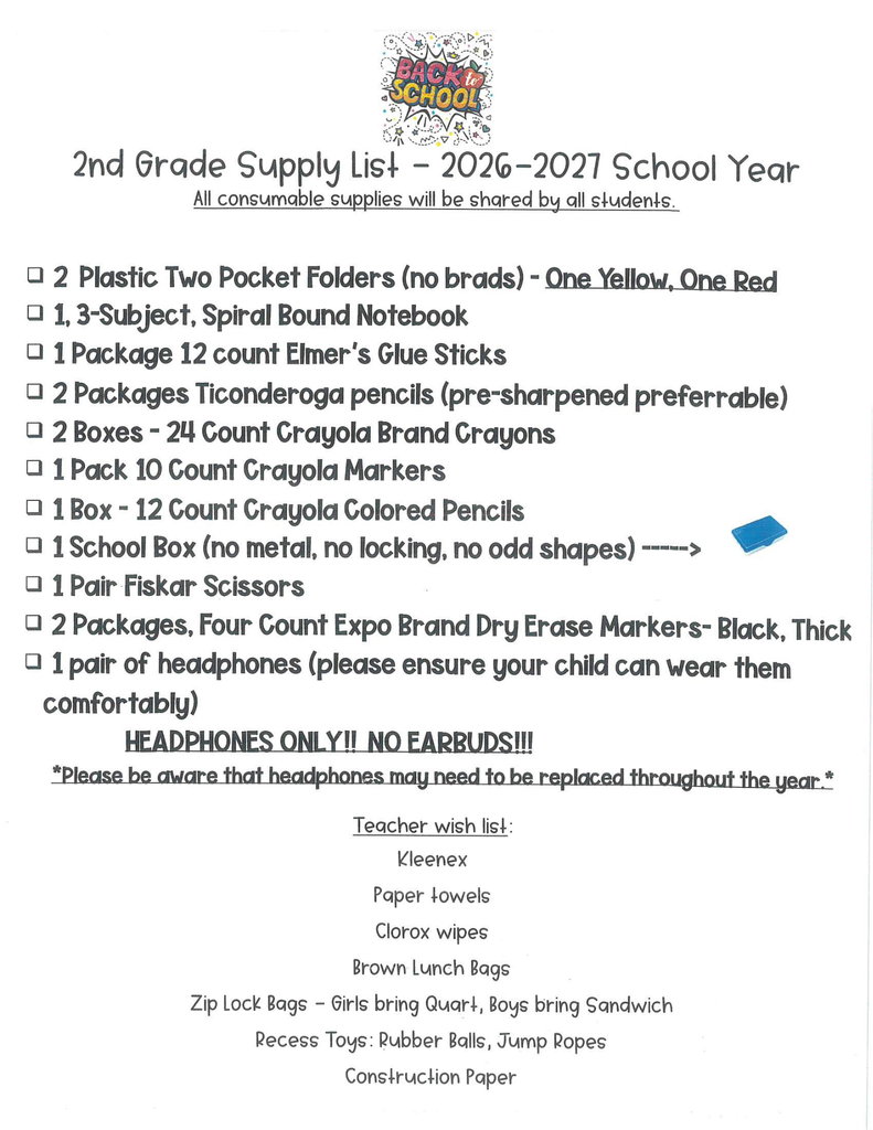 Second Grade Supply List