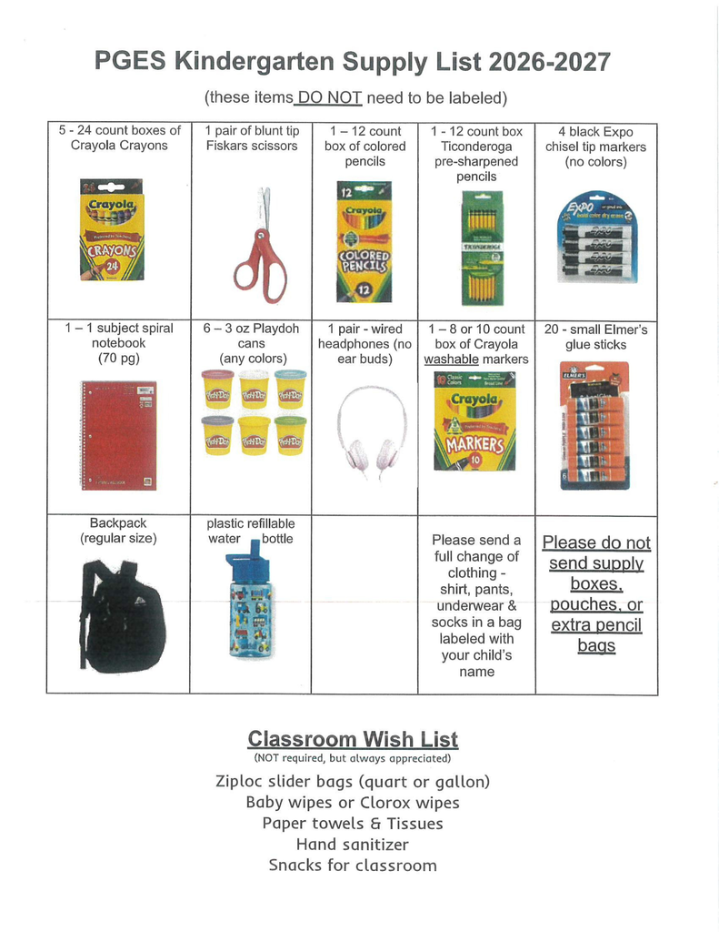 Kindergarten Supply List