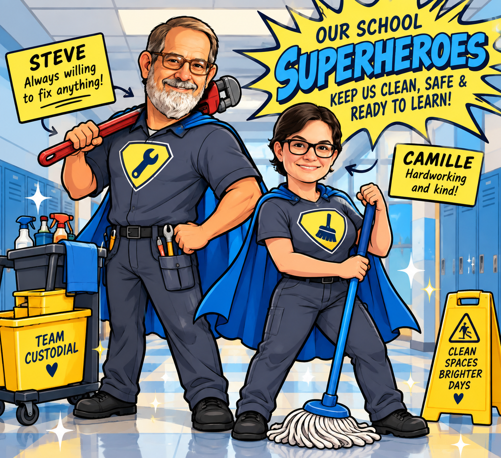 Camille and Steve are dressed as superheroes for Custodian Appreciation Day.