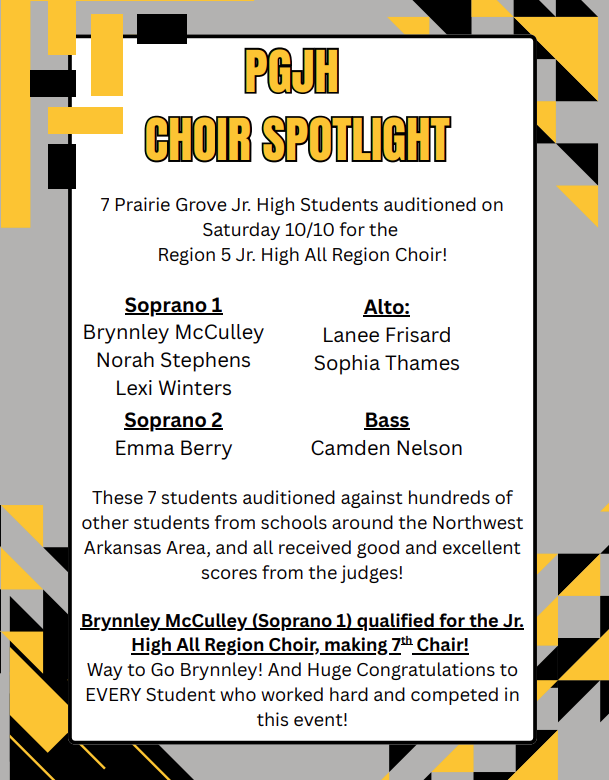 Congratulations to PGJH Choir members who auditioned for All Region Choir