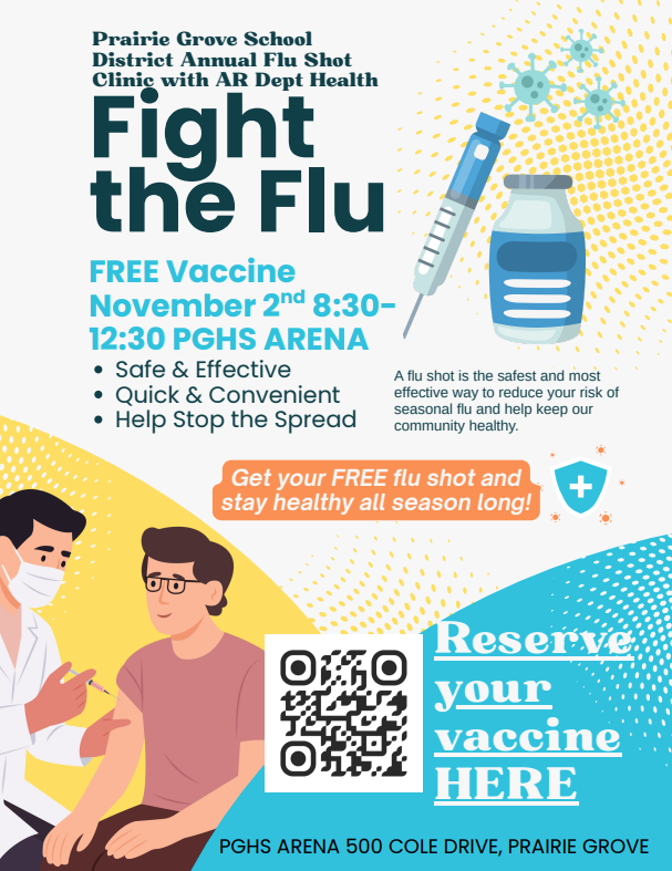 Flu clinic available Nov. 2 8:30am-12:30 in the Prairie Grove High School arena