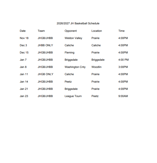 JH basketball schedule