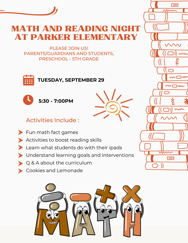 PES Math and Reading Night is Tuesday, 09/29/26 from 5:30-7pm.  Please join us!