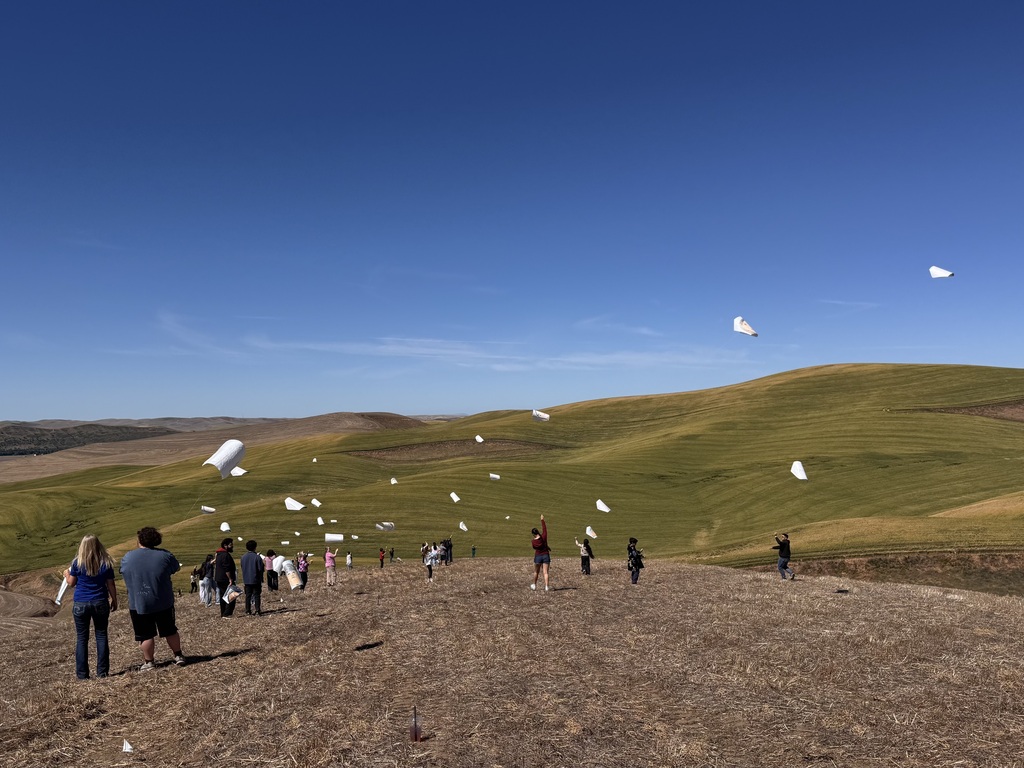Pictured are the students flying their kites with the blue sky and green rolling hills of Prescott