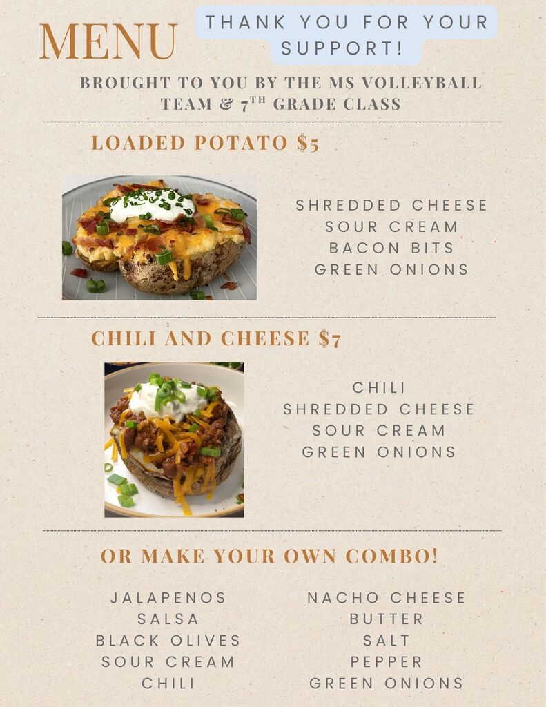 Menu for Baked Potato Bar